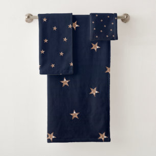 Dark Blue & Rose Gold Pink Glittery Stars Starry Bath Towel Set