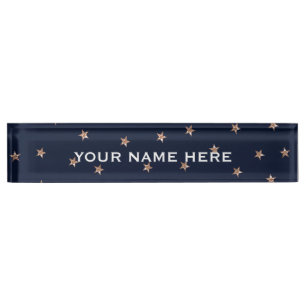 Dark Blue & Rose Gold Pink Glittery Stars Starry Desk Name Plate