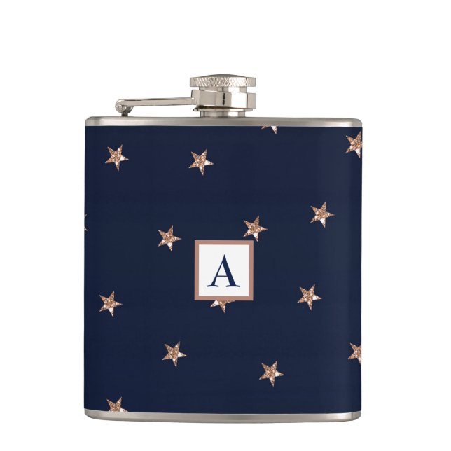Dark Blue & Rose Gold Pink Glittery Stars Starry Flask (Front)