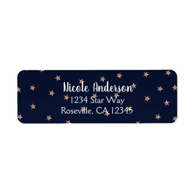 Dark Blue & Rose Gold Pink Glittery Stars Starry Label (Front)