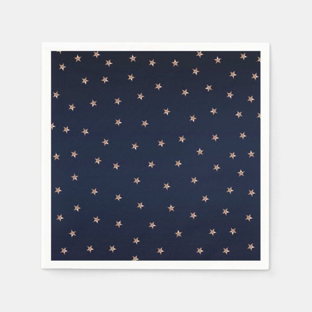 Dark Blue & Rose Gold Pink Glittery Stars Starry Napkins (Front)