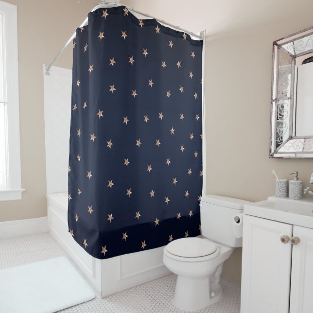 Dark Blue & Rose Gold Pink Glittery Stars Starry Shower Curtain (In Situ)