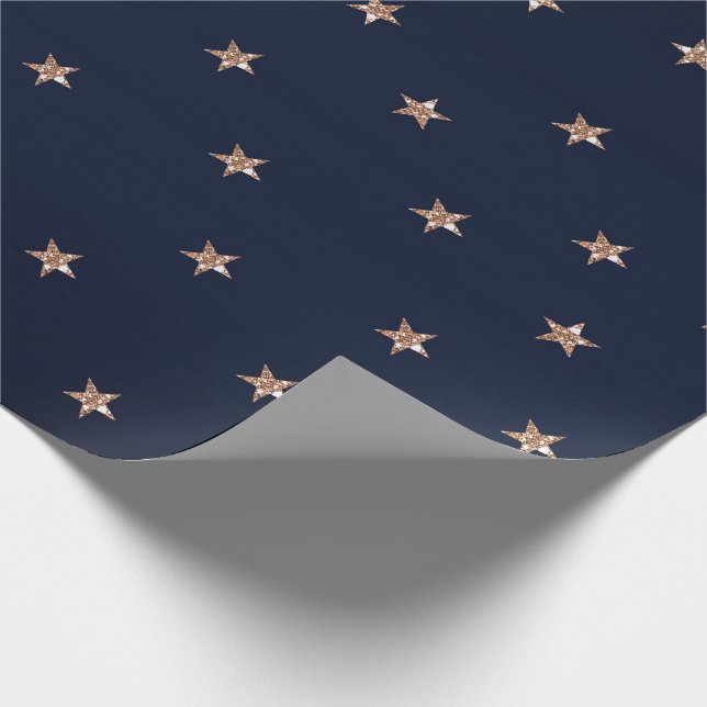 Dark Blue & Rose Gold Pink Glittery Stars Starry Wrapping Paper (Corner)