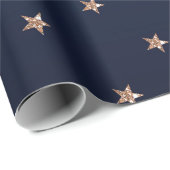 Dark Blue & Rose Gold Pink Glittery Stars Starry Wrapping Paper (Roll Corner)