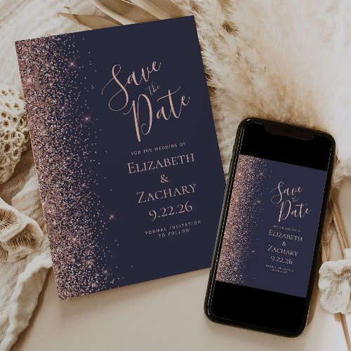 Dark Blue Rose Gold Save the Date Announcement
