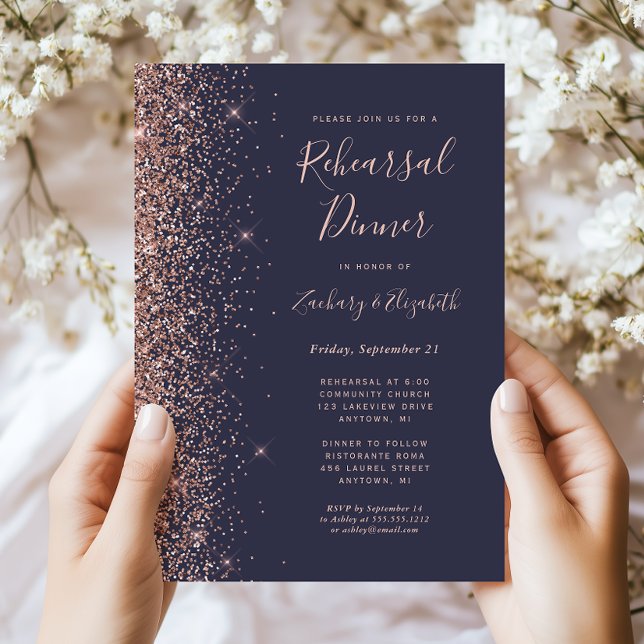 Dark Blue Rose Gold Wedding Rehearsal Dinner Invitation (Creator Uploaded)