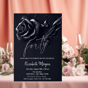 Dark Blue Rose Gothic 40th Birthday Invitation