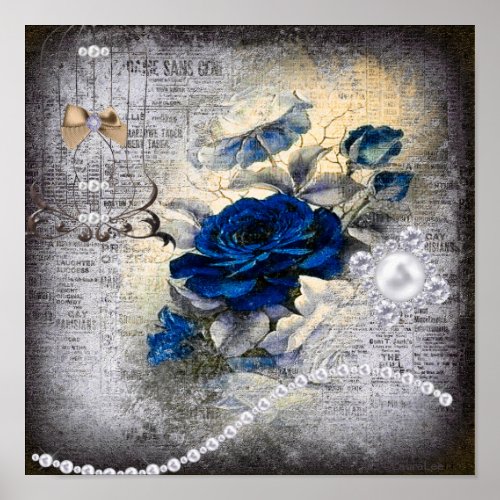 Dark Blue Rose Victorian Ephemera Grunge Poster