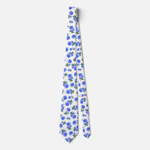 Dark Blue Roses floral pattern on White Neck Tie