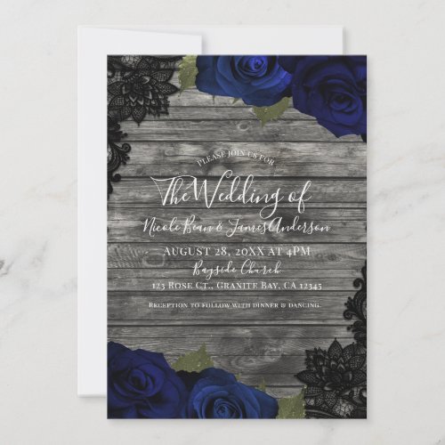 Dark Blue Roses Rustic Wood Black Lace Wedding Invitation