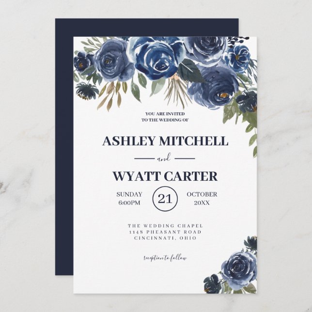 Dark Blue Roses Wedding Invitation (Front/Back)