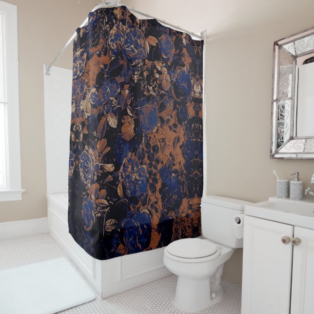 Dark Blue Rust Graphic Roses Floral Shower Curtain (In Situ)