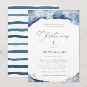 Dark Blue Sailing Christening Celebration Party Invitation