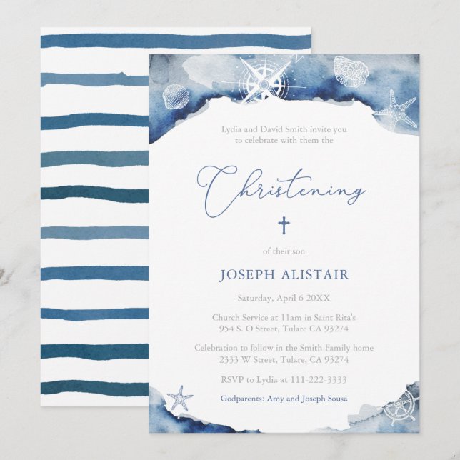 Dark Blue Sailing Christening Celebration Party Invitation (Front/Back)