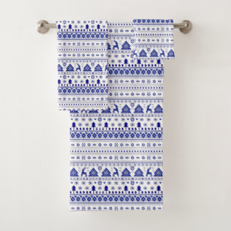 Dark Blue Scandinavian Nordic Winter Christmas Bath Towel Set