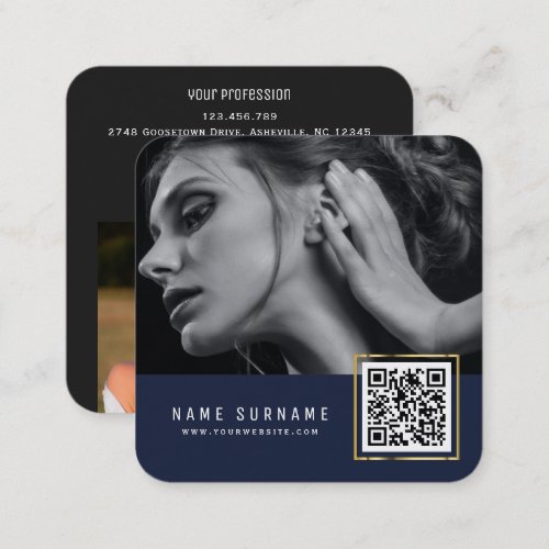 Dark blue scannable barcode QR code photo  Square Business Card