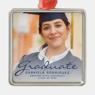 Dark Blue Script Photo Graduation Keepsake Metal Ornament