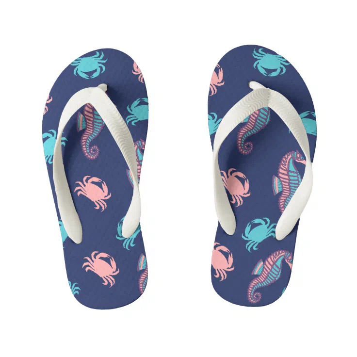 Dark Blue Seahorse and Crab Kids Flip Flops | Zazzle