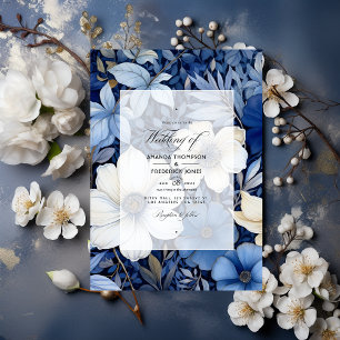 Dark Blue, Silver and White Floral Wedding Invitation