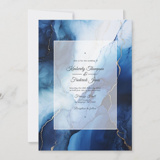 Dark Blue, Silver and White Ink Wedding Invitation (Front)
