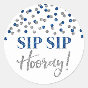 Dark Blue Silver Confetti Sip Sip Hooray Classic Round Sticker