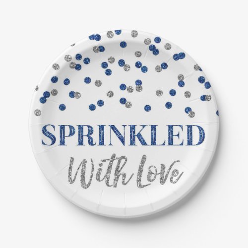 Dark Blue Silver Confetti Sprinkled with Love Paper Plates