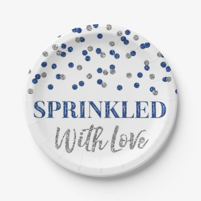 Dark Blue Silver Confetti Sprinkled with Love Paper Plates (Front)