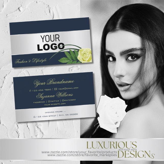 Dark Blue Silver Decor Cute Rose Flower with Logo Business Card (Creator Uploaded)