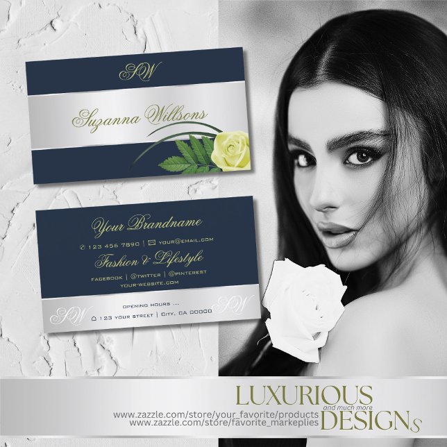 Dark Blue Silver Decor Rose Flower with Initials Business Card (Creator Uploaded)