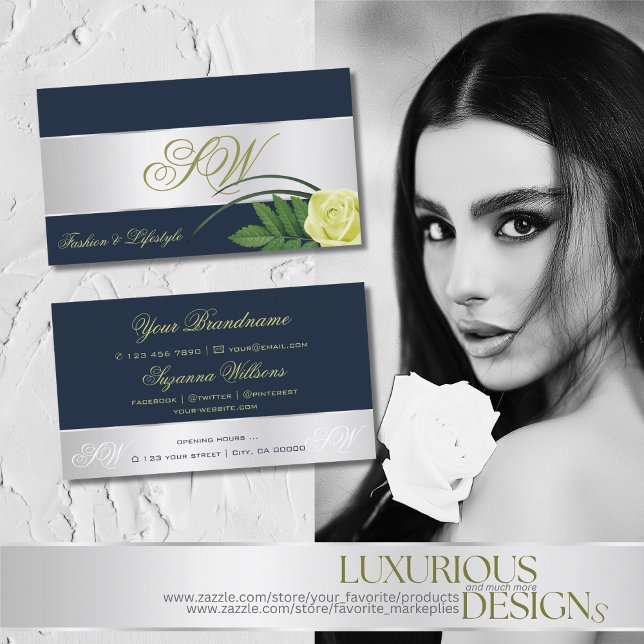 Dark Blue Silver Decor Rose Flower with Monogram Business Card (Creator Uploaded)