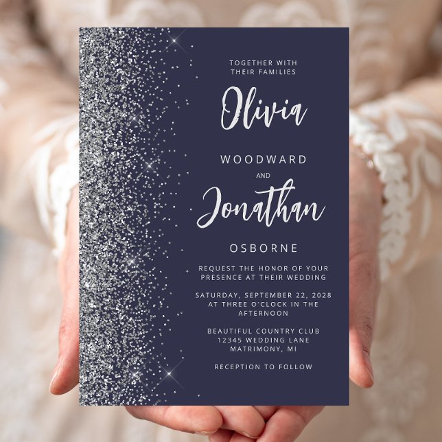 Dark Blue Silver Glitter Calligraphy Wedding Invitation (Creator Uploaded)