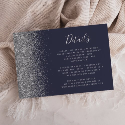 Dark Blue Silver Glitter Edge Wedding Details Enclosure Card