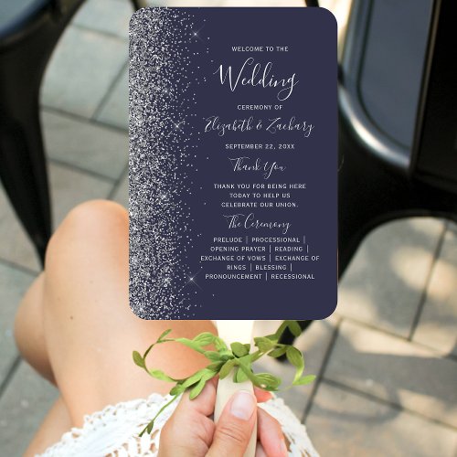 Dark Blue Silver Glitter Edge Wedding Program Hand Fan