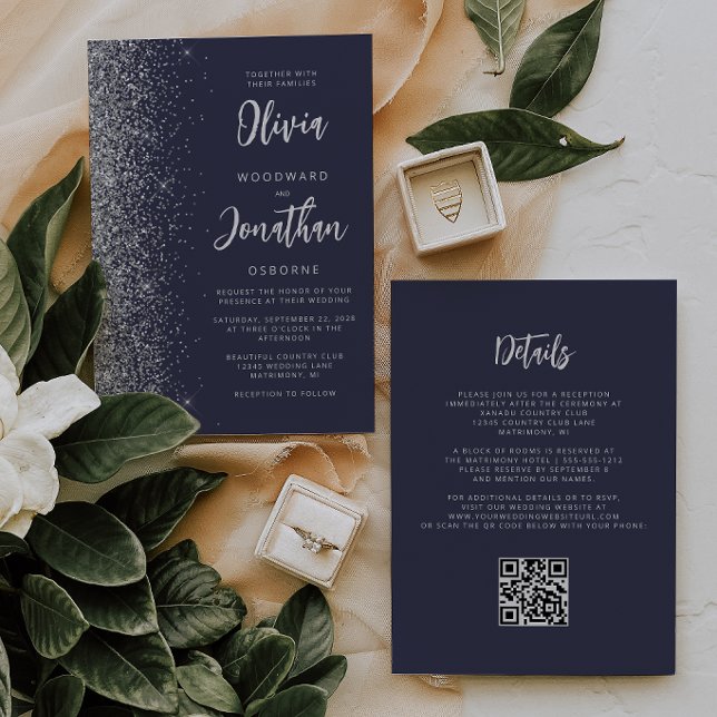 Dark Blue Silver Glitter QR Code Wedding Invitation (Creator Uploaded)
