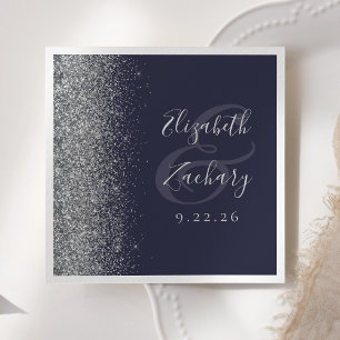 Dark Blue Silver Glitter Wedding Napkins
