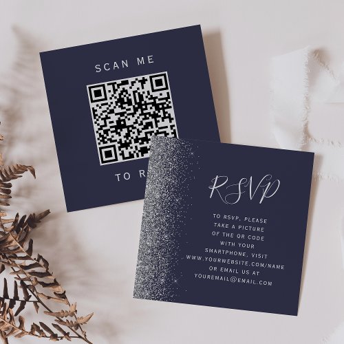 Dark Blue Silver Glitter Wedding QR Code RSVP Enclosure Card