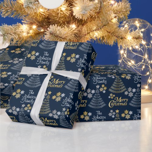 Dark Blue Silver _ Gold Scribble Christmas Tree Wrapping Paper