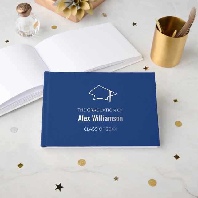 Dark Blue Silver Real Foil Graduation Guest Book (Front Open)