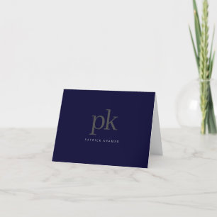 Dark Blue Simple Monogram Name Plain Letterpress Thank You Card