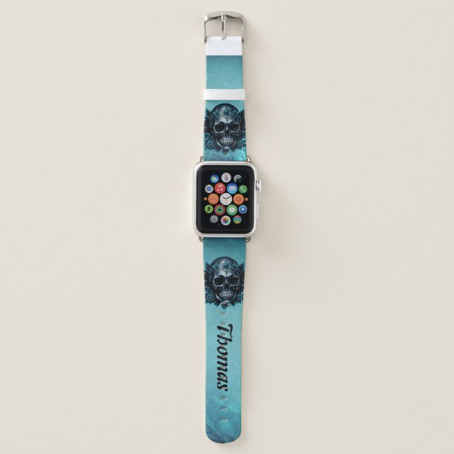 Dark blue skull with roses. apple watch band (Front)