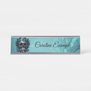 Dark blue skull with roses. desk name plate