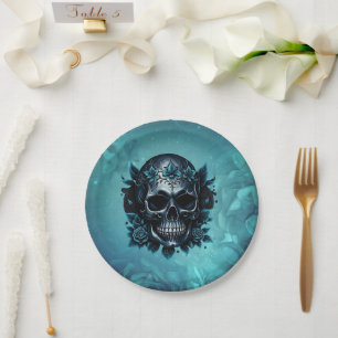 Dark blue skull with roses. paper plates