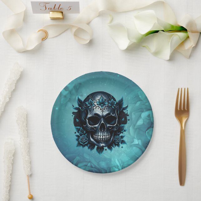 Dark blue skull with roses. paper plates (Wedding)