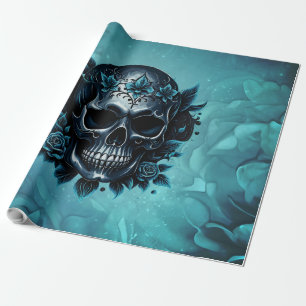 Dark blue skull with roses.  wrapping paper
