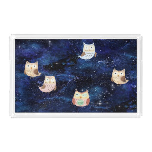 Dark Blue Sky, Stars, and Owl Acrylic Tray