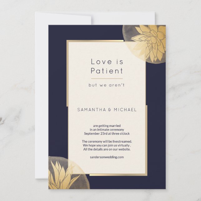 Dark Blue Small Downsized Wedding Love is Patient Save The Date (Front)