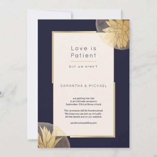 Dark Blue Small Downsized Wedding Love is Patient Save The Date