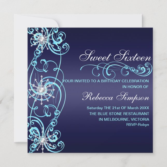 Dark Blue Snowflake Sweet 16 Birthday Invite (Front)