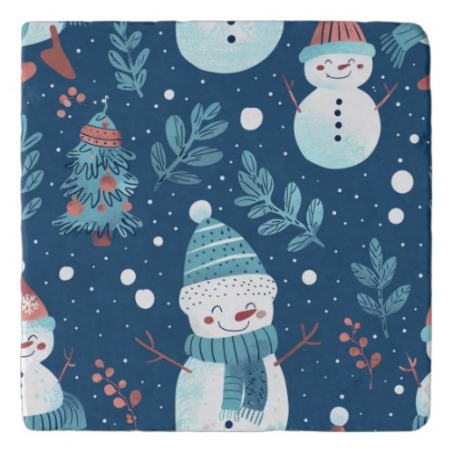 Dark Blue Snowman and Christmas Tree Winter Trivet