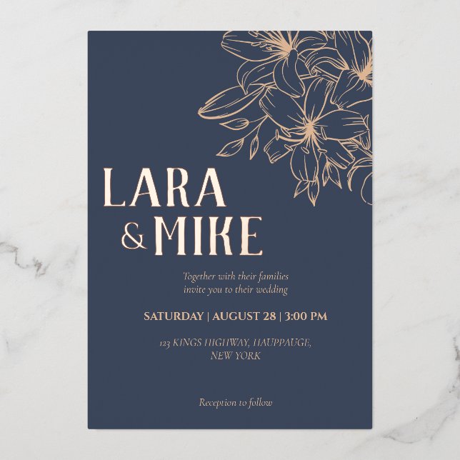 Dark Blue Soft Wedding Foil Invitation (Front)
